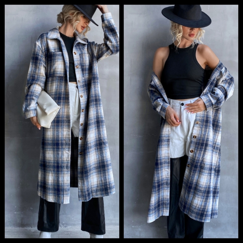 Blue Plaid Long Coat Large NWOT - Picture 2 of 3